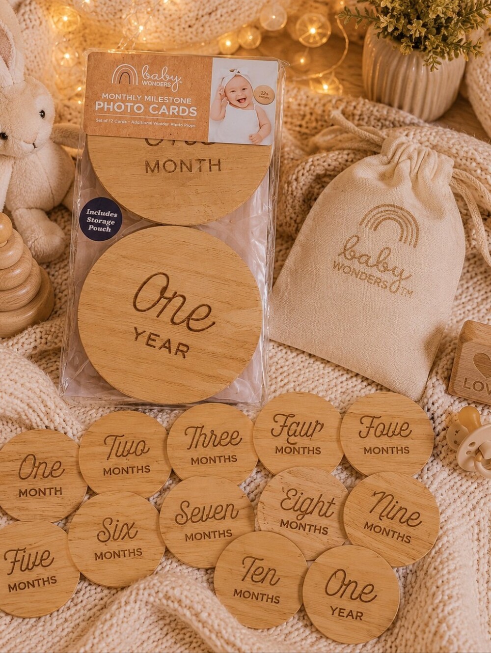 🍐NWT Adorable Baby Wonders Monthly Milestone Photo Cards Tan Wooden